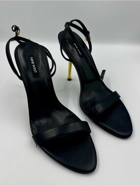 Nine West Black Gold Stiletto Heels Ankle Strap Sandals 8.5